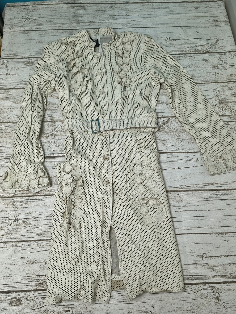 Etcetera Leather And Silk Cream Perforated Flower Embellished Dress Size 4